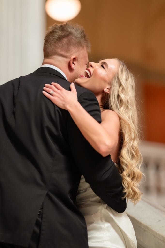 Editorial-style engagement portraits at The Ohio Statehouse