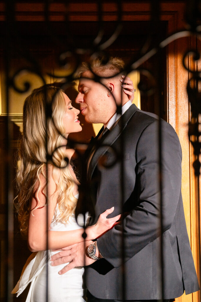 Romantic kiss shared between couple in the elevator at the Ohio Statehouse 