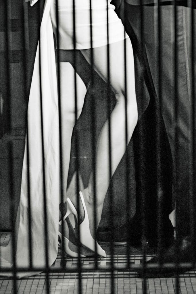 Black and white photo close up of brides details during old money aesthetic engagement session at the Ohio Statehouse