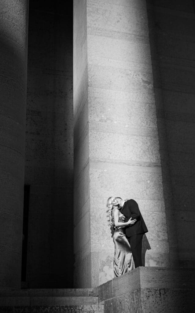 editorial black and white photo during engagement session outside of The Ohio Statehouse