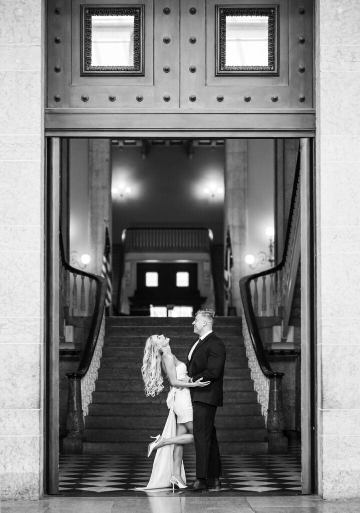 classic black and white old money aesthetic photo during ohio statehouse engagement session