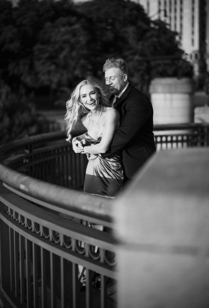 playful photo during downtown golden hour at Columbus engagement session