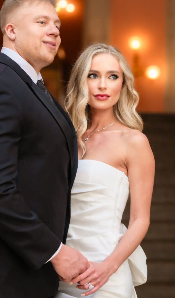 Editorial-style engagement portraits at The Ohio Statehouse