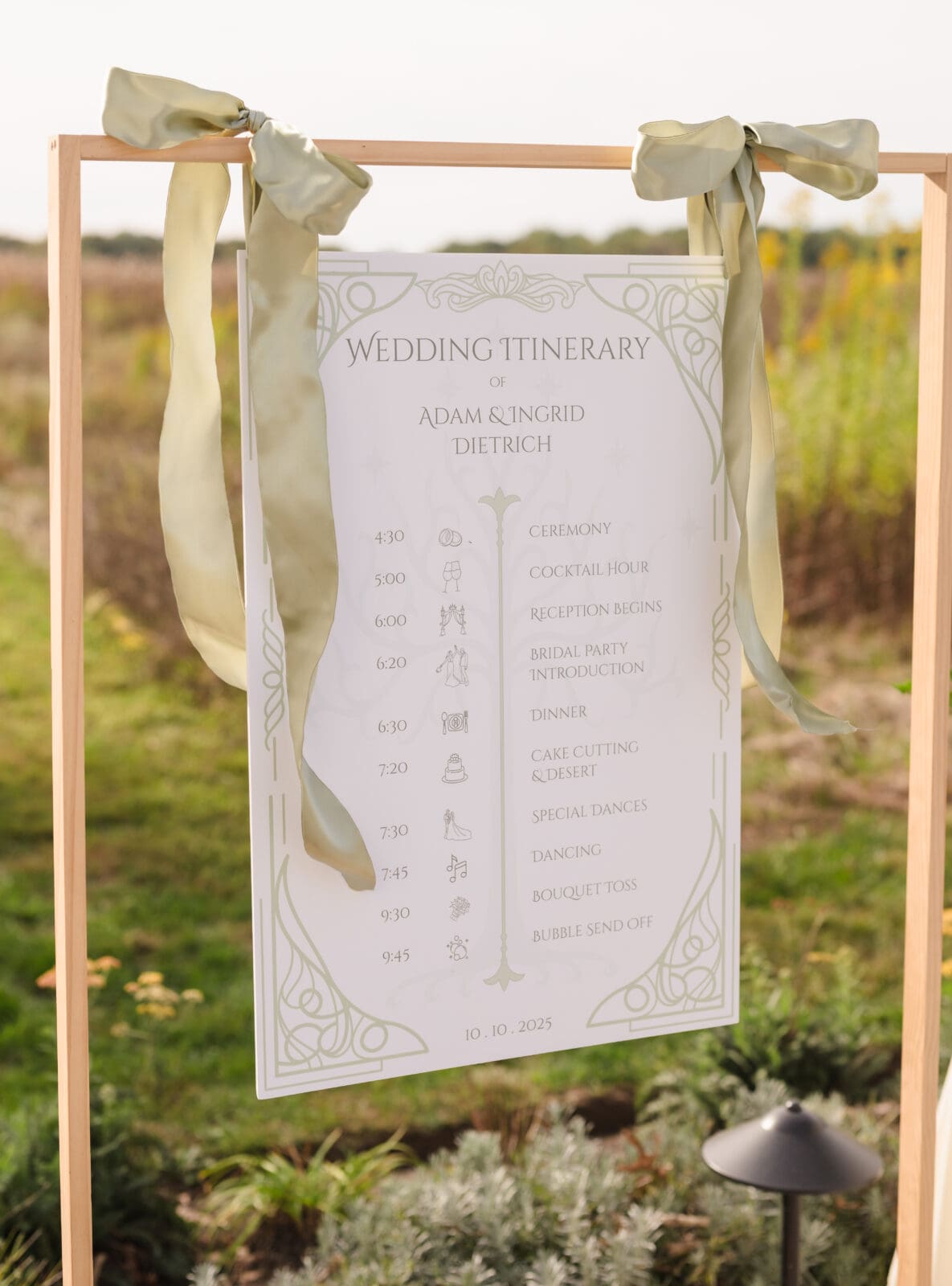 Elegant garden party wedding details at Aspen & Alston venue in Ohio wedding itinerary sign