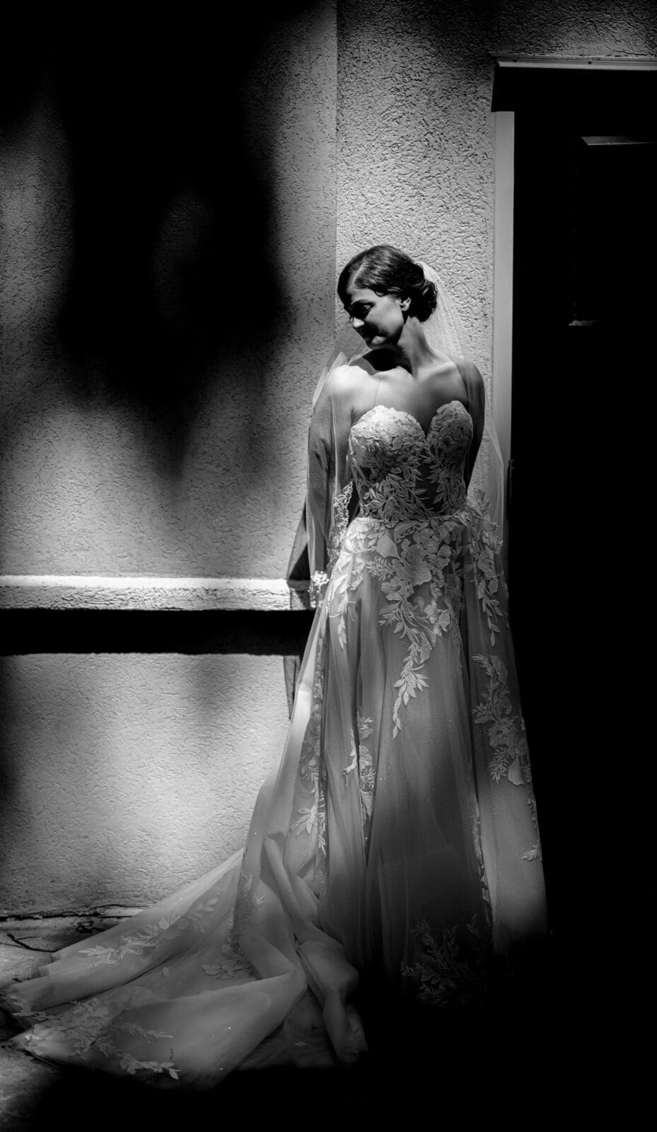 black and white photo of bride in dramatic lighting at Brookshire Venue