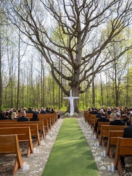 Ceremony space owith handmade cross in front at Retreat 21